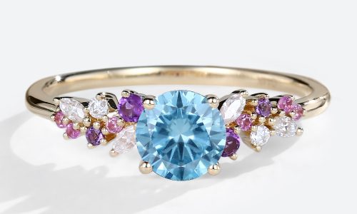 Multicolor Gem Ring Round Cut Lab Blue Diamond Engagement Ring