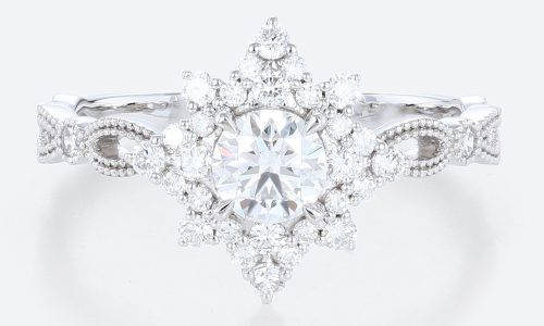 Round Cut Lab Diamond Starburst Halo Engagement Rings Beaded Bridal Ring (1)