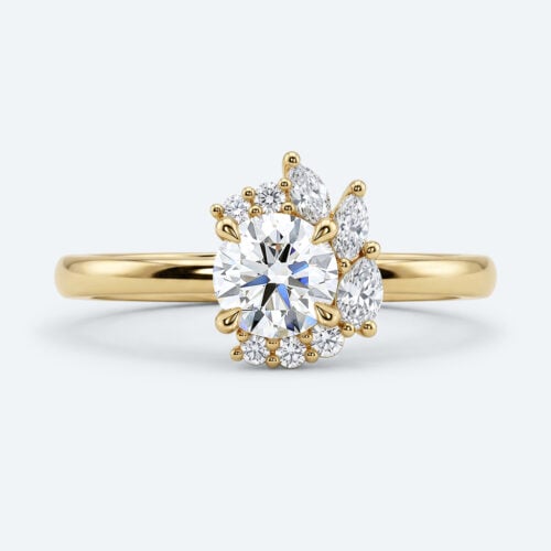 Round Cut Lab Grown Diamond 3/4 Halo 4-Prong Engagement Promise Ring in Yellow Gold