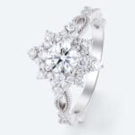 Round Cut Lab Grown Diamond Classic Starburst Halo Milgrain 4 Claw Prong Engagement Ring (5)