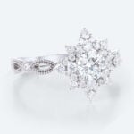 Round Cut Lab Grown Diamond Classic Starburst Halo Milgrain 4 Claw Prong Engagement Ring (6)