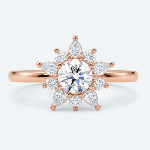 Round Cut Lab Grown Diamond Modern Floral Halo Engagement Ring in Rose Gold