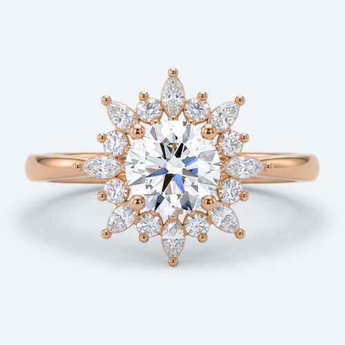 Round Cut Lab Grown Diamond Vintage Sunburst Halo 4-Prong Engagement Ring in Rose Gold