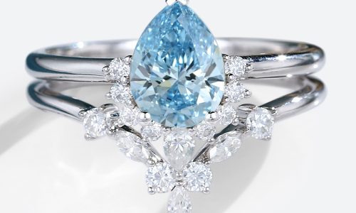 White Gold Lab Created Blue Diamond Pear Shaped Engagement Ring Set