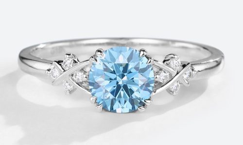 White Gold and Diamond Ring Lab Blue Diamond Round Accent Ring