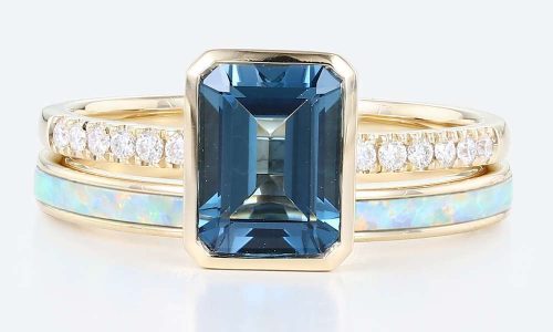 Yellow Gold Emerald Cut Lab Blue Diamond Pave Engagement Ring Set Bezel Promise Ring (1)