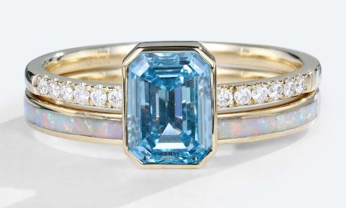 Yellow Gold Emerald Cut Lab Blue Diamond Pave Engagement Ring Set Bezel Promise Ring (1)
