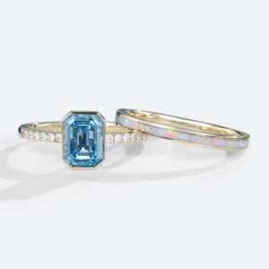 1.5ct Lab Blue Diamond Ring​ Set Emerald Cut Pavé Bezel Ring in Yellow Gold