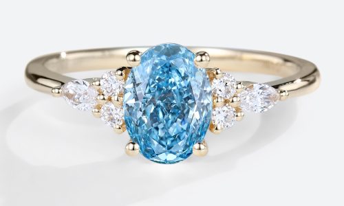 Yellow Gold 1.5 Carat Oval Diamond Ring Blue Lab Grown Diamonds Cluster Rings