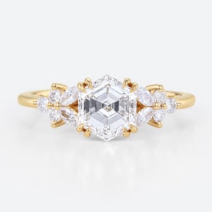1ct Hexagon Cut Lab Diamond Ring Modern Cluster Double Claw Engagement Ring in Yellow Gold