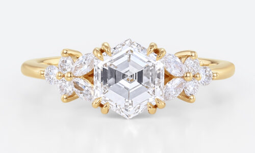 1ct Hexagon Cut Lab Diamond Ring Modern Cluster Double Claw Engagement Ring in Yellow Gold