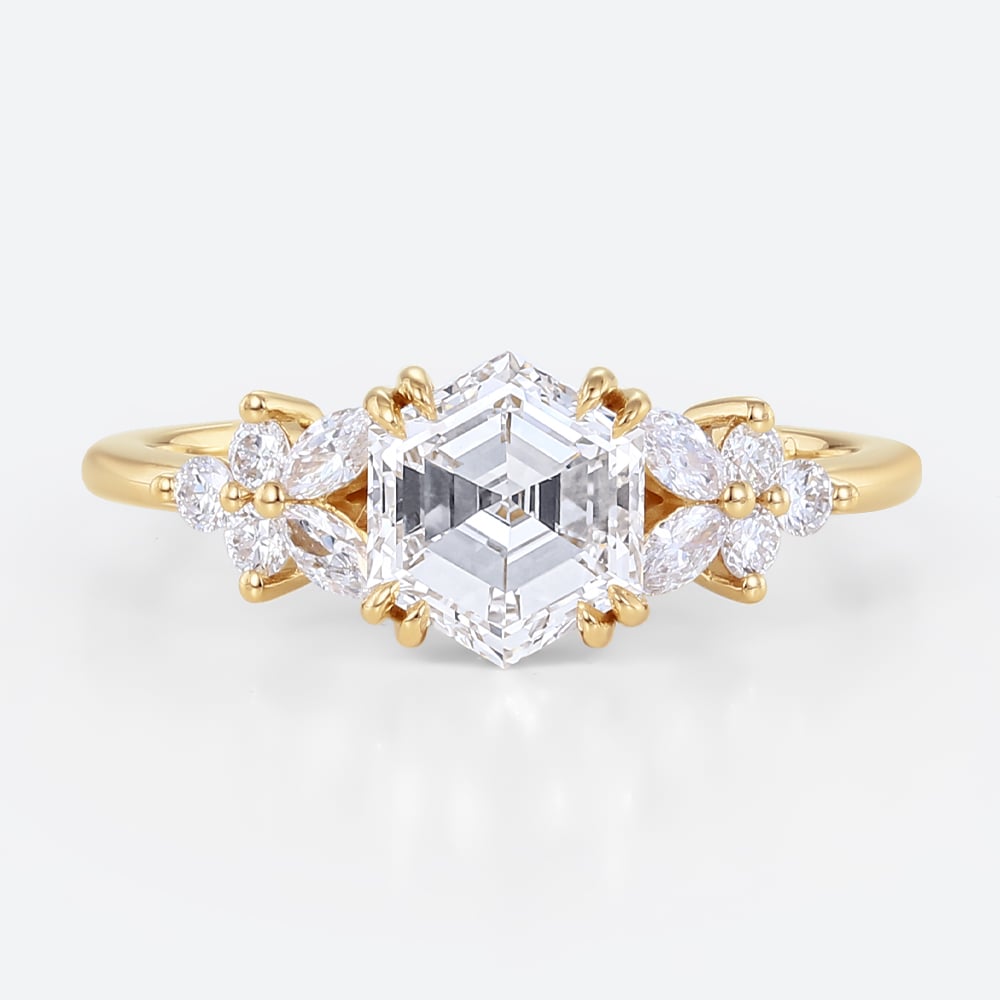1ct Hexagon Cut Lab Diamond Ring Modern Cluster Double Claw Engagement Ring in Yellow Gold
