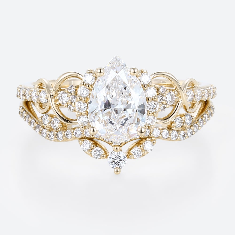1ct Colorless VS+ Pear Cut Lab Grown Diamond Vintage Cluster Infinity 4-Prong Bridal Ring Set in Rose Gold (1)