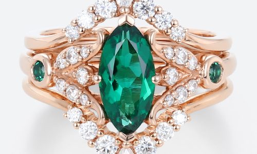 Rose Gold Engagement Ring Set Kite Cut Emerald Rings for Women