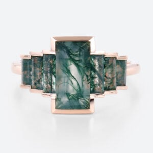 Rose Gold Baguette Cut Ring​ 18K Women's Moss Agate Engagement Ring