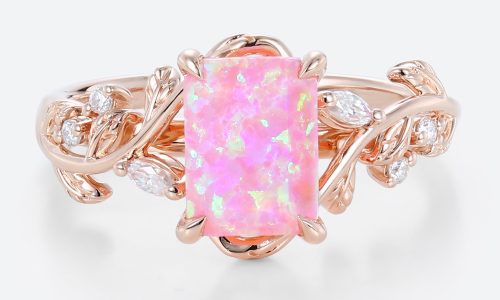 Engagement Emerald Cut Rings Pink Opal Nature Inspired Promise Rings