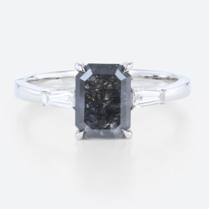 Emerald Cut Salt and Pepper Diamond Engagement Ring Tapered Baguette Accented Bridal Ring