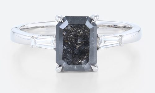 Emerald Cut Salt and Pepper Diamond Engagement Ring Tapered Baguette Accented Bridal Ring (1)
