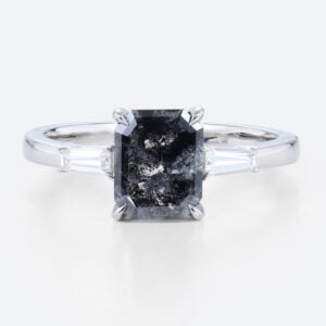 Emerald Cut Salt and Pepper Diamond White Gold Proposal Ring