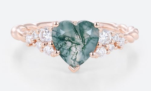 Heart Rings Rose Gold Moss Agate Heart Twisted Engagement Ring