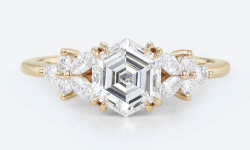 1ct Hexagon Cut Lab Diamond Ring Modern Cluster Double Claw Engagement Ring in Yellow Gold