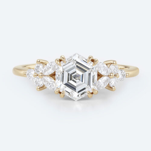 1ct Hexagon Cut Lab Diamond Ring Modern Cluster Double Claw Engagement Ring in Yellow Gold