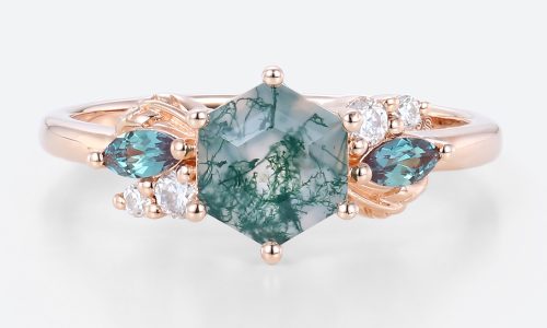 Moss Agate Engagment Ring Hexagon Cut Multi Gemstone Rings