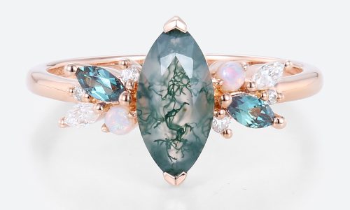 Rose Gold Moss Agate Gold Ring Vintage Engagement Rings Marquise