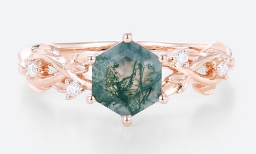 Hexagon Cut 14k Rose Gold Ring Nature Inspired Moss Agate Engagement Ring