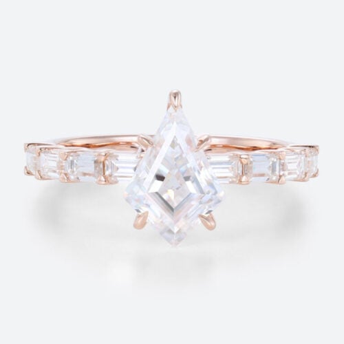 1.2ct Colorless VS+ Kite Cut Lab Grown Diamond Modern Baguette Accented 5 Claw Prong Engagement Ring Wide Band in Rose Gold