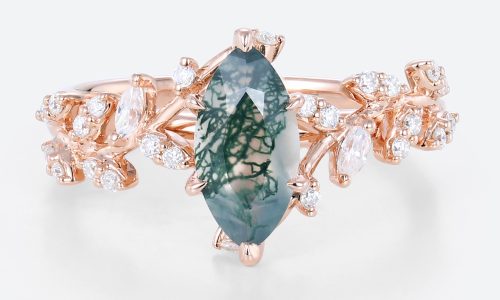 Gold Marquise Engagement Ring Nature-Inspired Rings Moss Agat