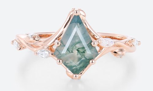 Women's Rose Gold Wedding Ring Kite Shaped Moss Agate Engagement Ring