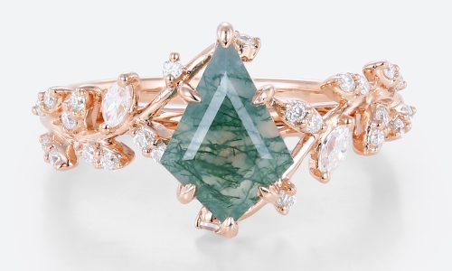 Agate Moss Engagement Ring Gold Kite Cut Nature Inspired Rings