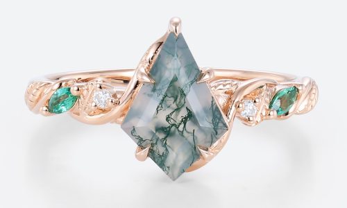 Vine Engagement Ring​ Rose Gold Kite Cut Natural Moss Agate Ring