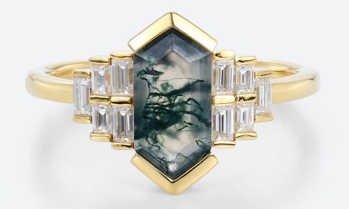 18k Yellow Gold Ring Moss Agate Unique Gemstone Engagement Rings