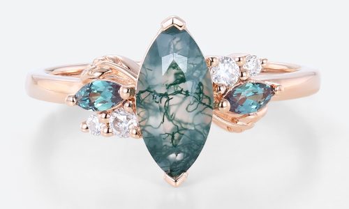 Vintage Marquise Engagement Rings Moss Agate Rose Gold Ring