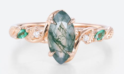 Unique Marquise Engagement Ring Rose Gold Moss Agate Ring