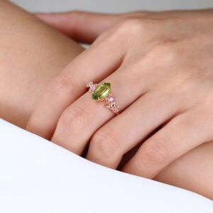 Gold Marquise Ring Vintage Green Sapphire Ring 14k Rose Gold Ring