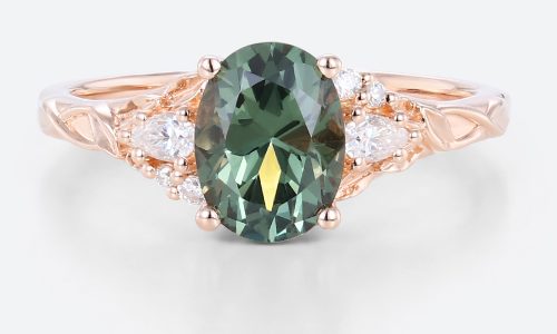 Green Sapphire Rings Rose Gold Oval Engagement Rings Nature Inspired Ring