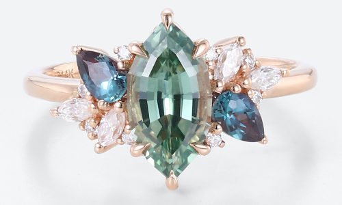 Green Sapphire Ring Unique Marquise Multi Gem Engagement Rings