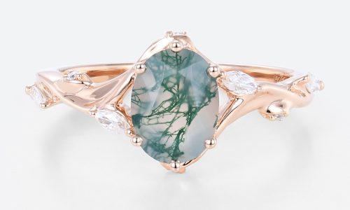 Moss Agate Promise Ring 14k Gold Wedding Bands for Oval Rings