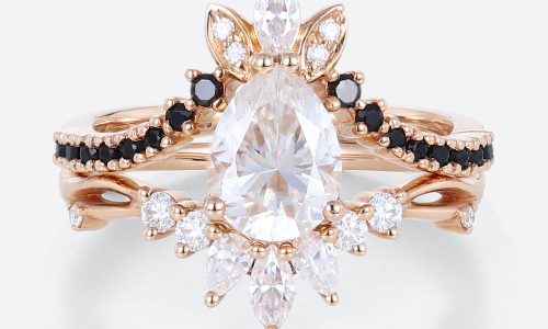 Rose Gold Pear Diamond Rings Black Onyx Wedding Ring Sets Lab Diamond Rose Gold Pear Diamond Rings Black Onyx Wedding Ring Sets Lab Diamond
