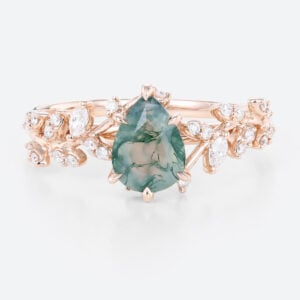 Pear Shaped Moss Agate Leaf Engagement Ring Mystical Garden Bridal Ring Promise Ring