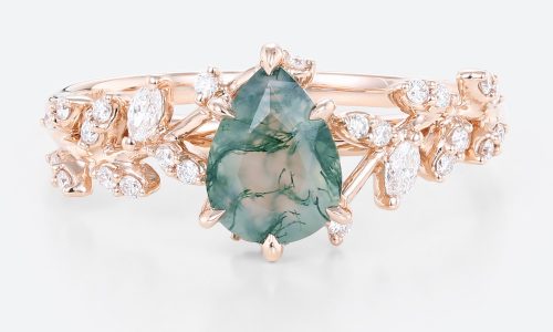 Pear Shaped Moss Agate Leaf Engagement Ring Mystical Garden Bridal Ring Promise Ring (1)