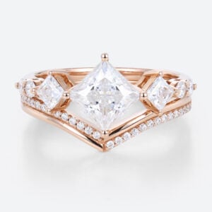 Rose Gold Princess Cut Engagement Ring Set 1 Ct Lab Grown Diamond Curved Ring