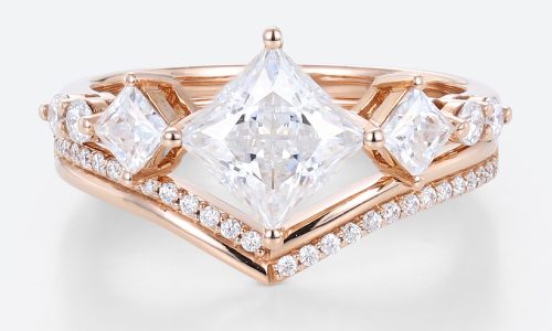 Rose Gold Princess Cut Engagement Ring Set 1 Ct Lab Grown Diamond Curved Ring