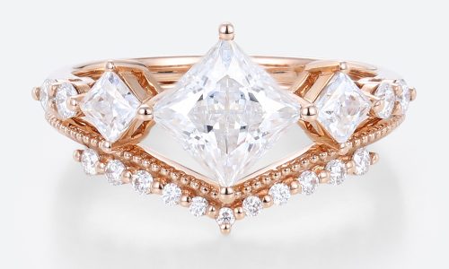 Princess Cut Wedding Ring Sets Lab Diamond Ring with Curved Wedding Ring