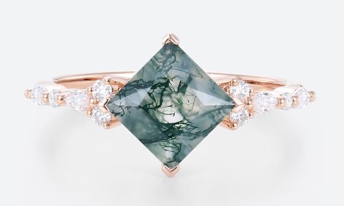 Wedding Ring Princess Cut Rose Gold Vintage Moss Agate Ring
