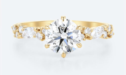 Round Cut Lab Diamond Cluster Engagement Rings Yellow Gold Classic Bridal Ring