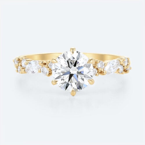 Round Cut Lab Diamond Cluster Engagement Rings Yellow Gold Classic Bridal Ring
